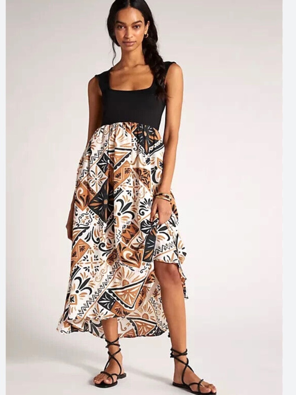 Anthropologie Printed Twofer Sleeveless Maxi Dress Black Brown Size M